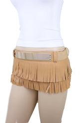 Beige Faux Leather Wrap Around Skirt Tie Fringes Belt Gold Metal Size S M